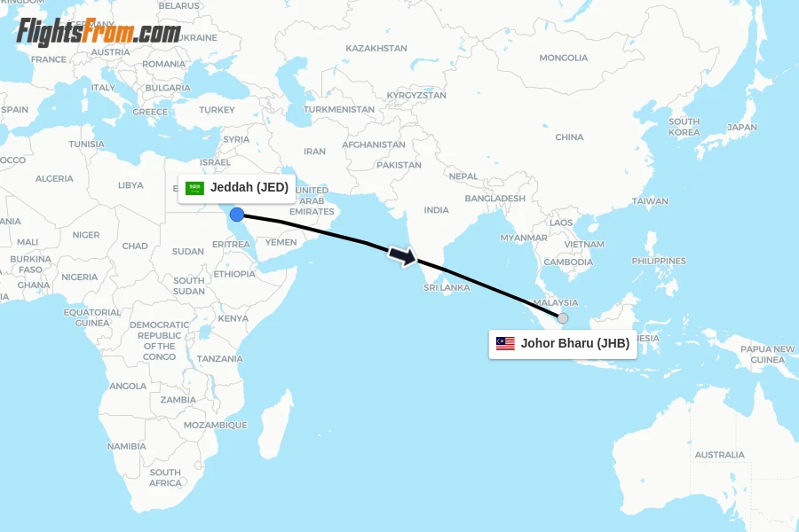 Flights from Jeddah to Johor Bharu route map