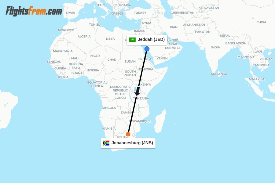 Flights from Jeddah to Johannesburg route map