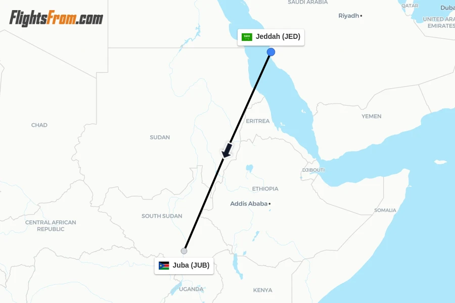 Flights from Jeddah to Juba route map
