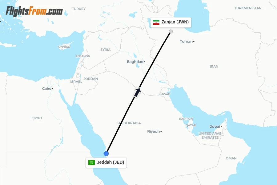 Flights from Jeddah to Zanjan route map