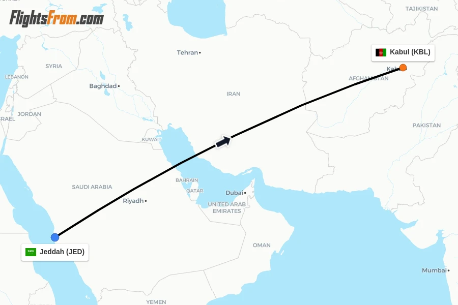 Flights from Jeddah to Kabul route map