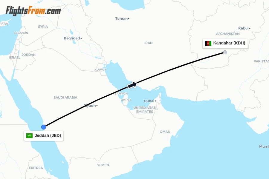Flights from Jeddah to Kandahar route map
