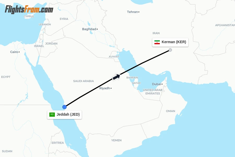 Flights from Jeddah to Kerman route map