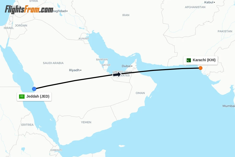 Flights from Jeddah to Karachi route map