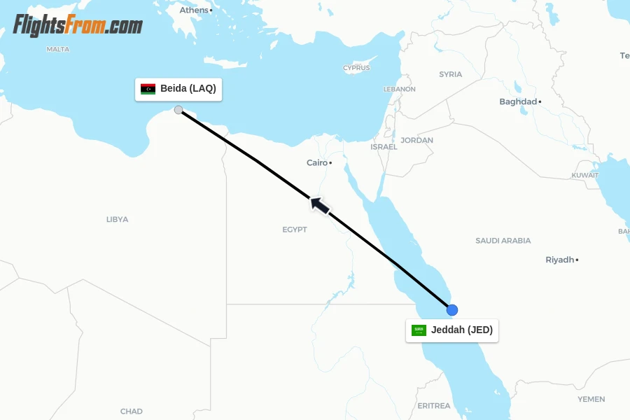 Flights from Jeddah to Beida route map