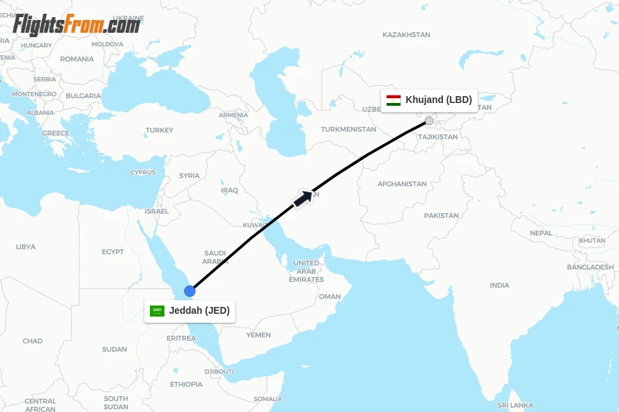 Flights from Jeddah to Khujand route map