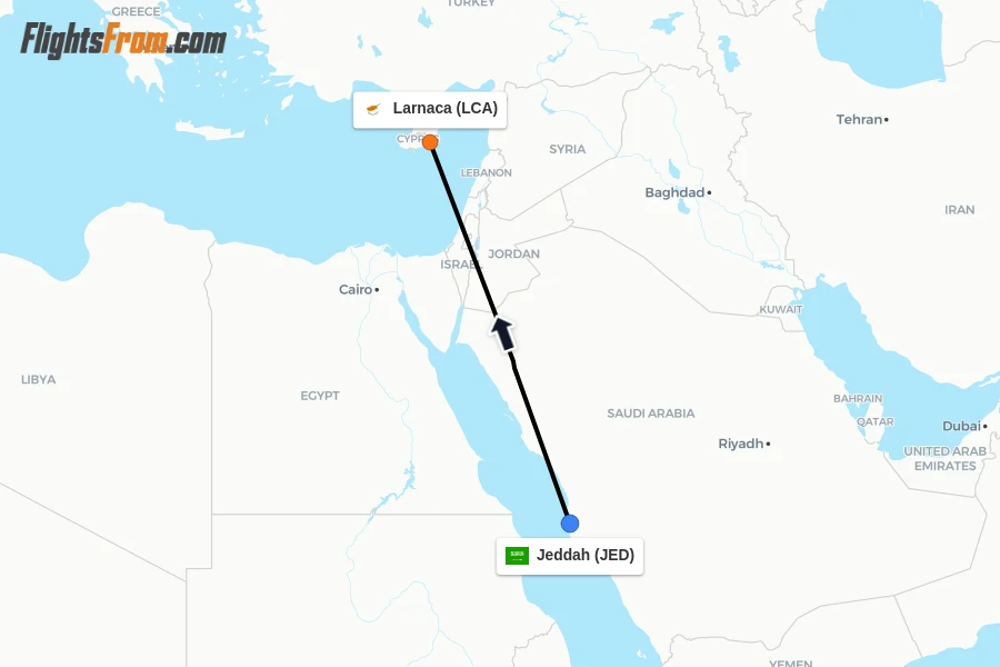 Flights from Jeddah to Larnaca route map