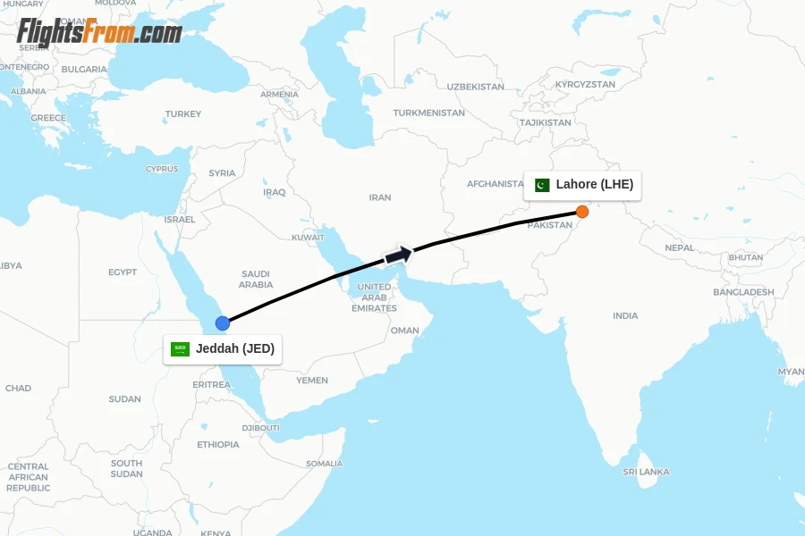 Flights from Jeddah to Lahore route map