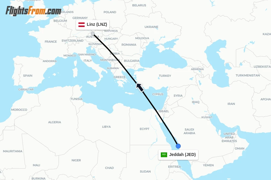 Flights from Jeddah to Linz route map