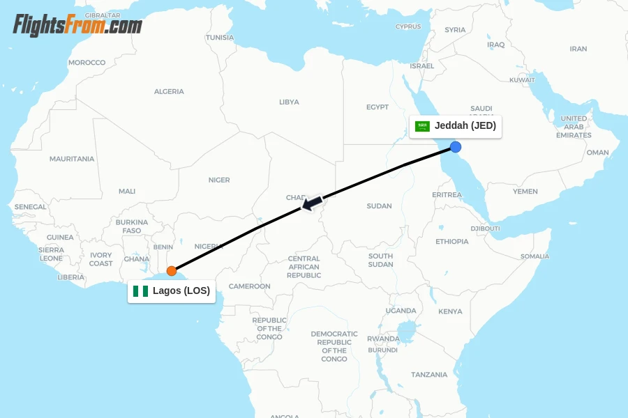 Flights from Jeddah to Lagos route map