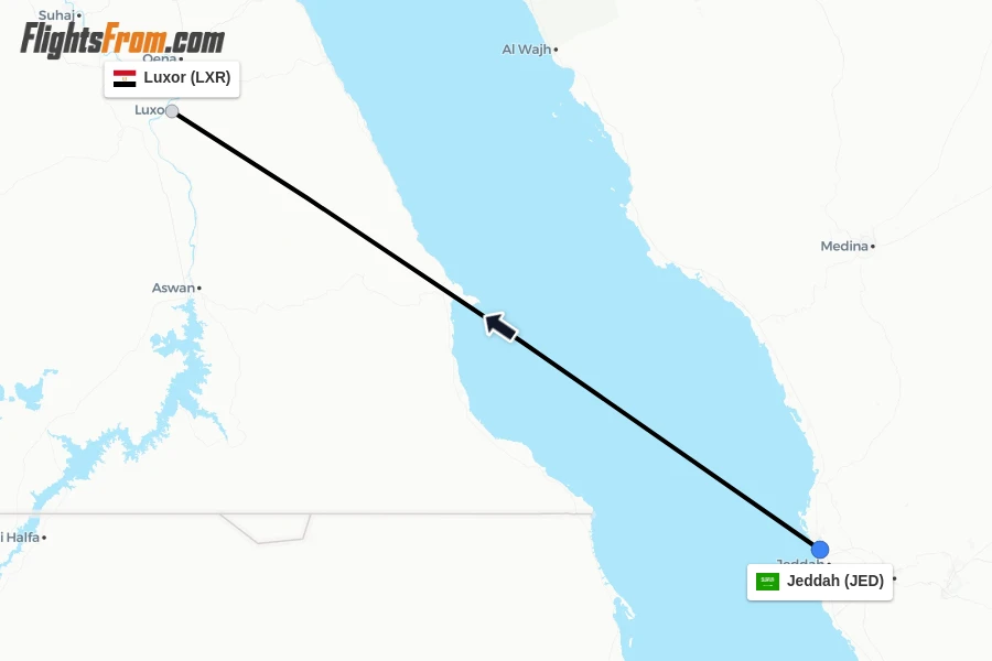 Flights from Jeddah to Luxor route map