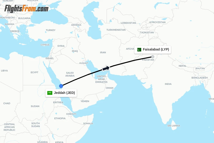 Flights from Jeddah to Faisalabad route map
