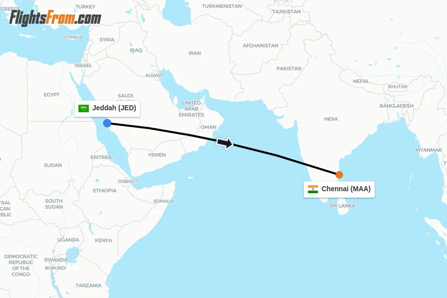 Flights from Jeddah to Chennai route map