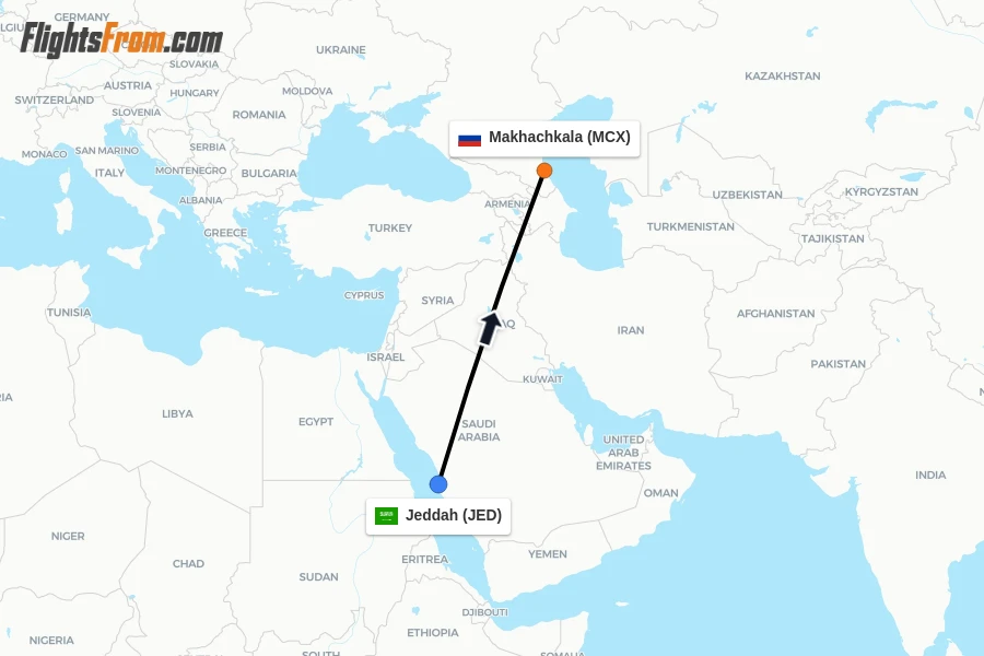 Flights from Jeddah to Makhachkala route map