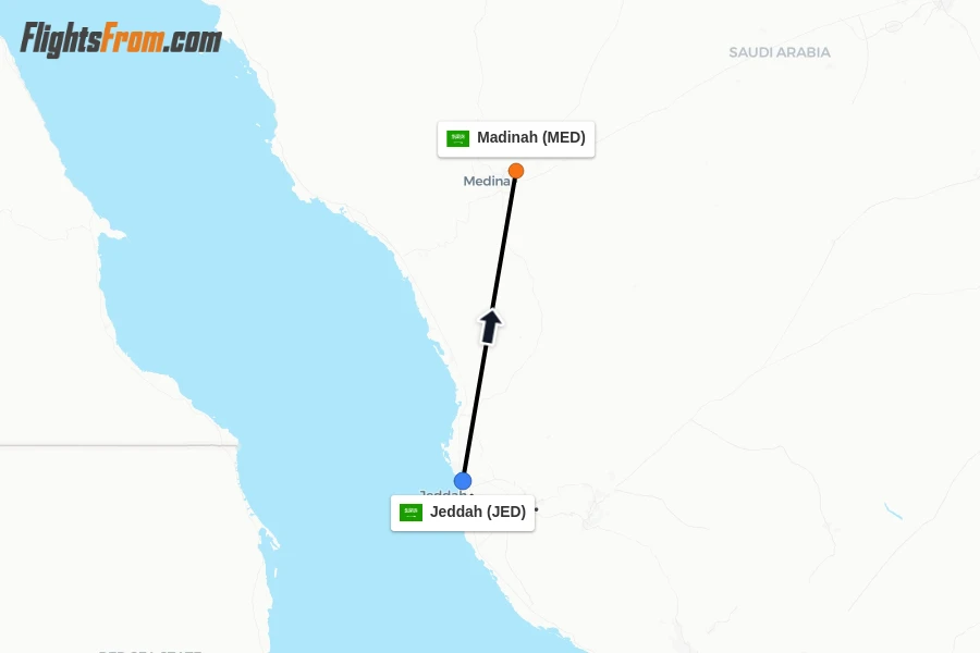 Flights from Jeddah to Madinah route map