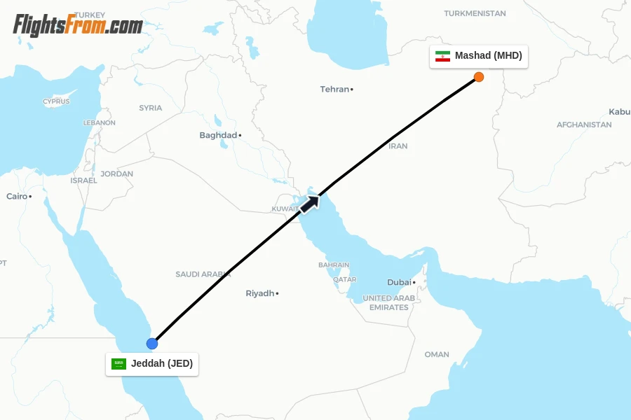 Flights from Jeddah to Mashad route map
