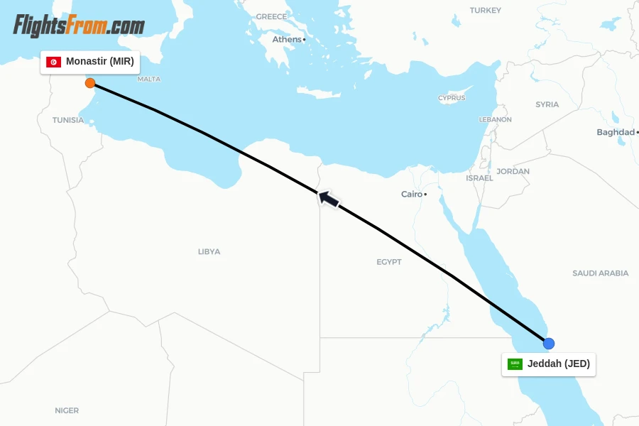 Flights from Jeddah to Monastir route map