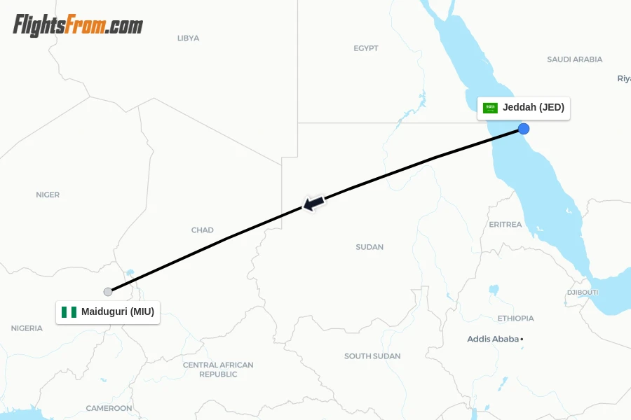 Flights from Jeddah to Maiduguri route map