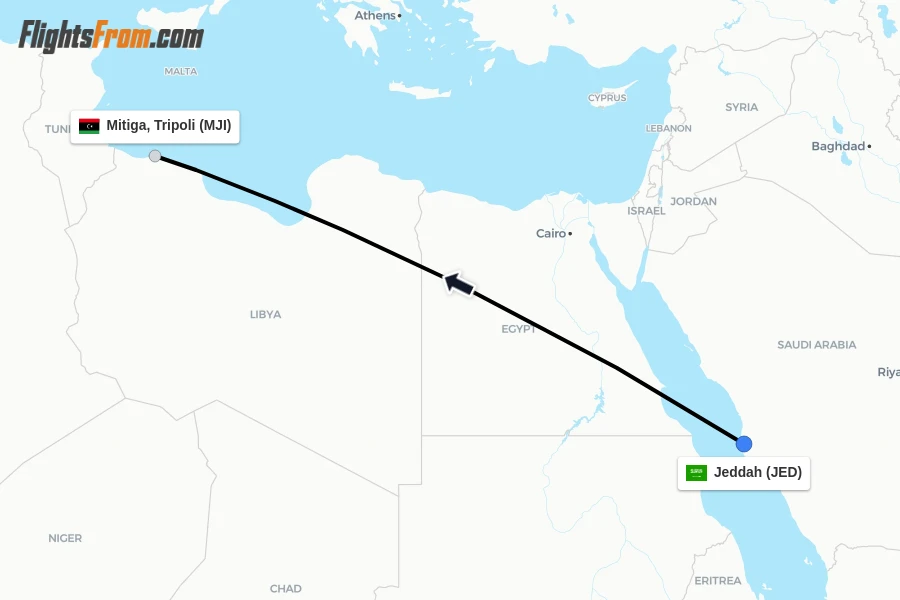 Flights from Jeddah to Mitiga, Tripoli route map