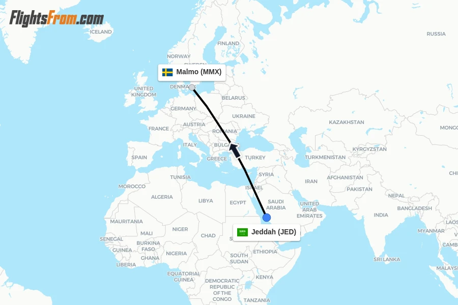 Flights from Jeddah to Malmo route map