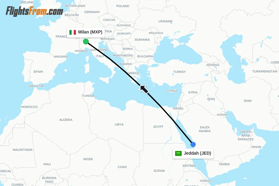 Flights from Jeddah to Milan route map