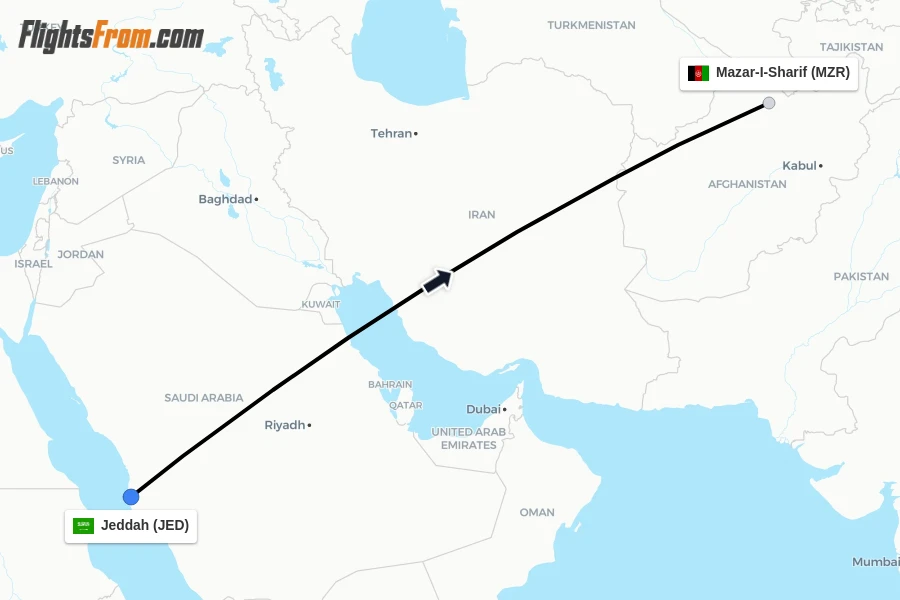 Flights from Jeddah to Mazar-I-Sharif route map