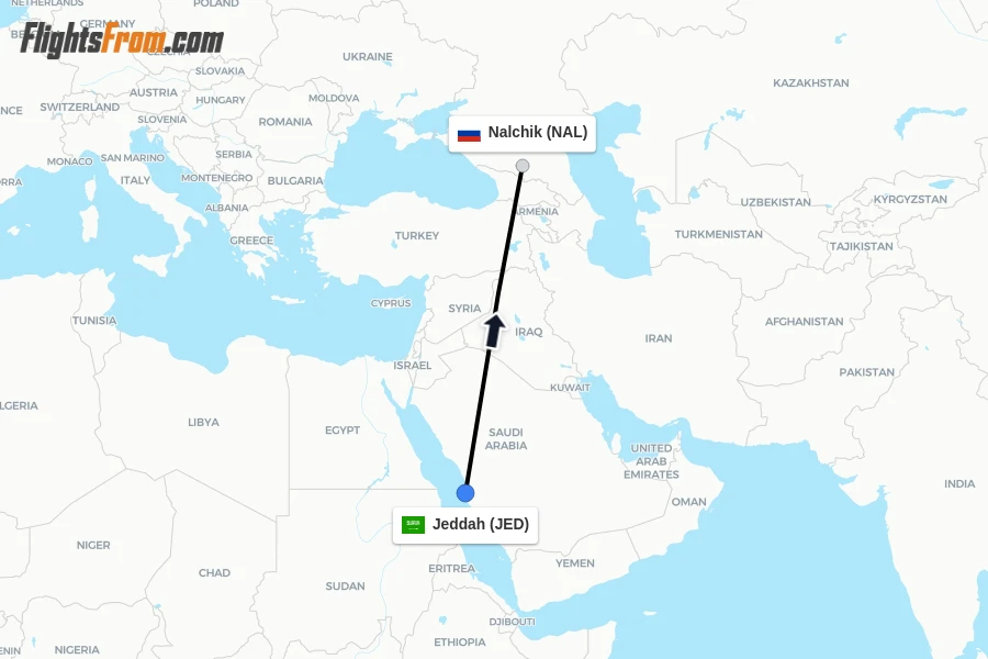 Flights from Jeddah to Nalchik route map