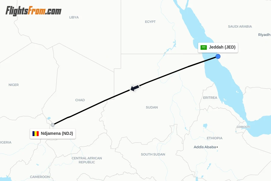 Flights from Jeddah to Ndjamena route map