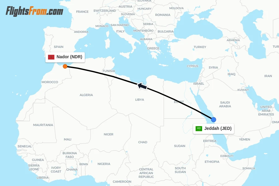 Flights from Jeddah to Nador route map