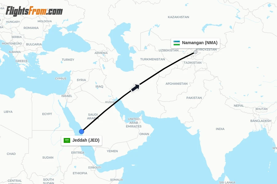 Flights from Jeddah to Namangan route map