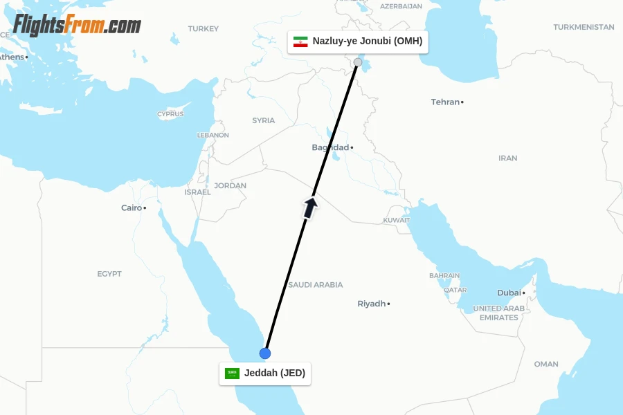 Flights from Jeddah to Nazluy-ye Jonubi route map