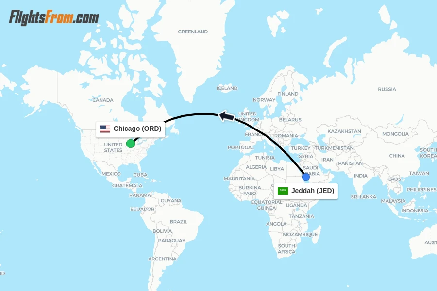 Flights from Jeddah to Chicago route map