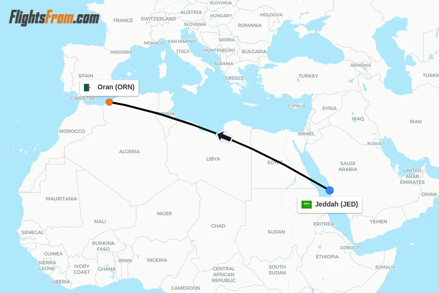 Flights from Jeddah to Oran route map