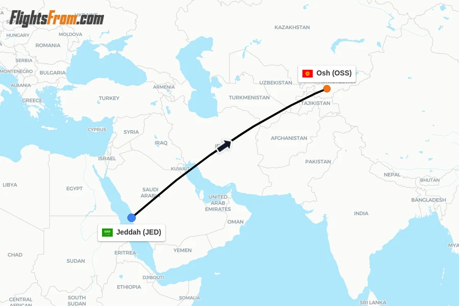 Flights from Jeddah to Osh route map