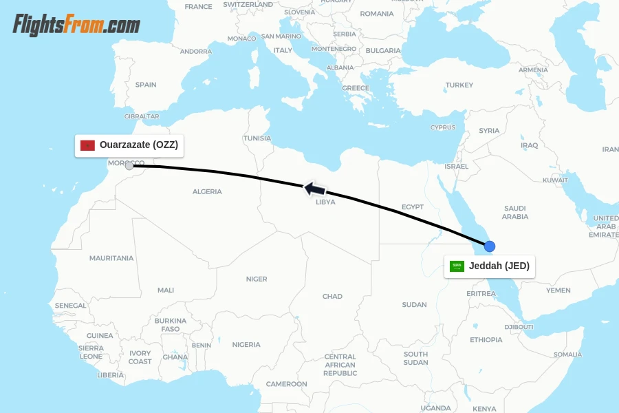 Flights from Jeddah to Ouarzazate route map
