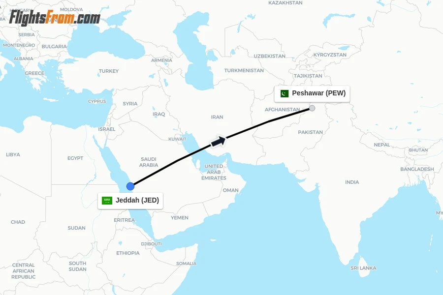 Flights from Jeddah to Peshawar route map