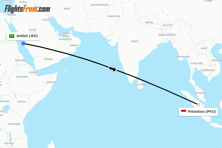 Flights from Jeddah to Pekanbaru route map