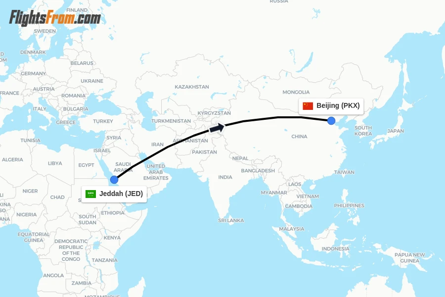 Flights from Jeddah to Beijing route map