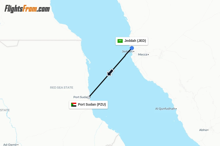 Flights from Jeddah to Port Sudan route map