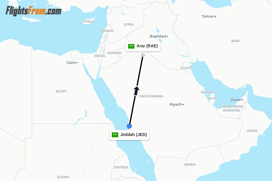 Flights from Jeddah to Arar route map