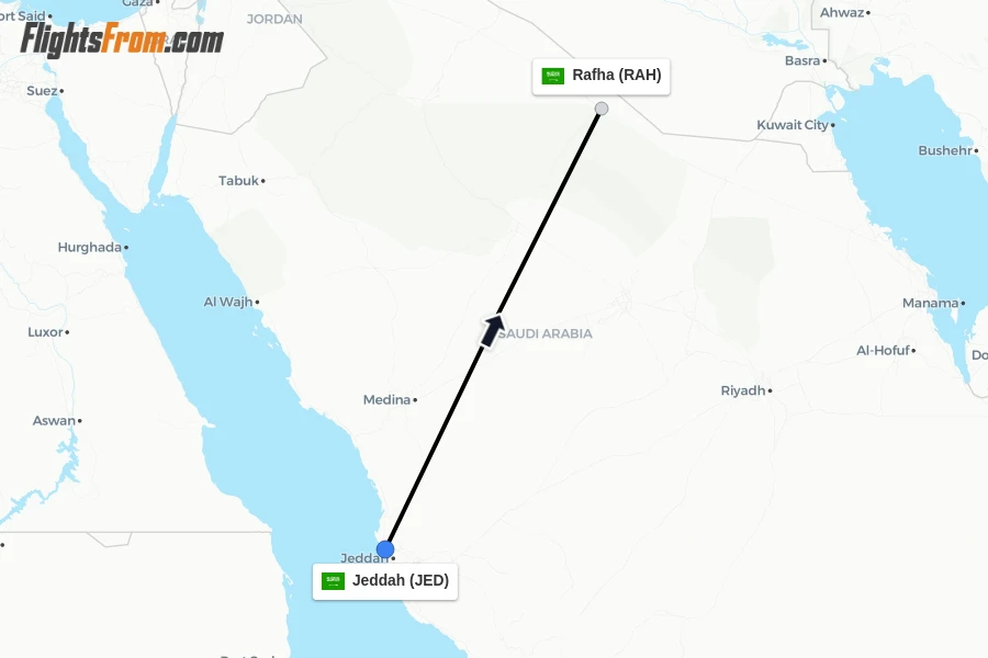 Flights from Jeddah to Rafha route map