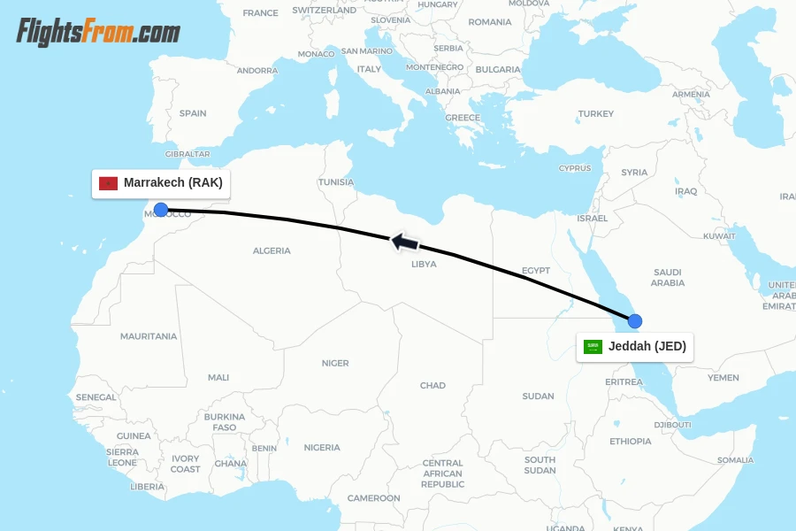 Flights from Jeddah to Marrakech route map
