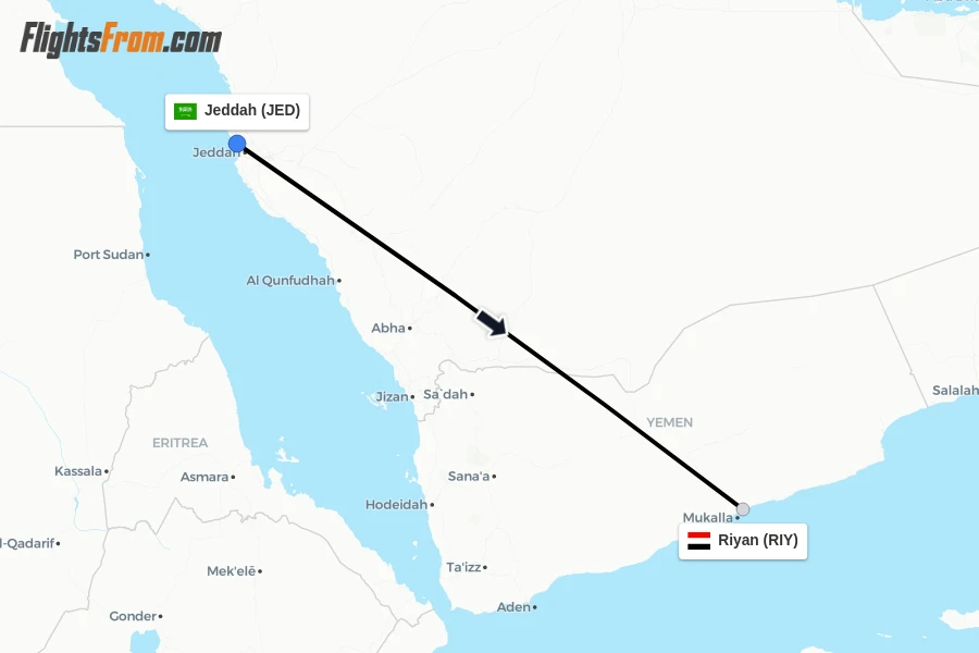 Flights from Jeddah to Riyan route map