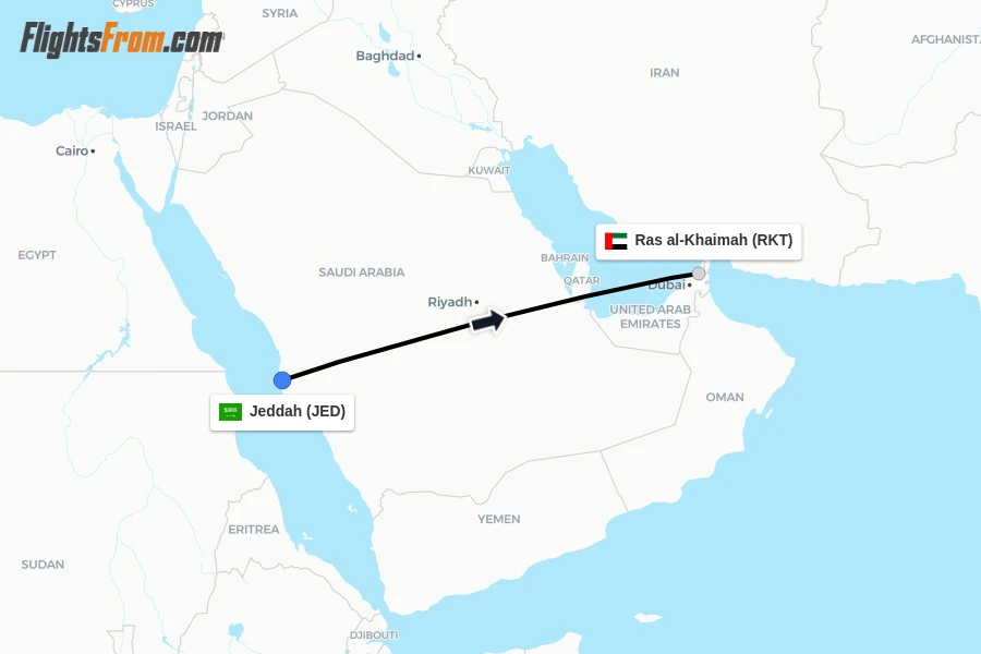 Flights from Jeddah to Ras al-Khaimah route map