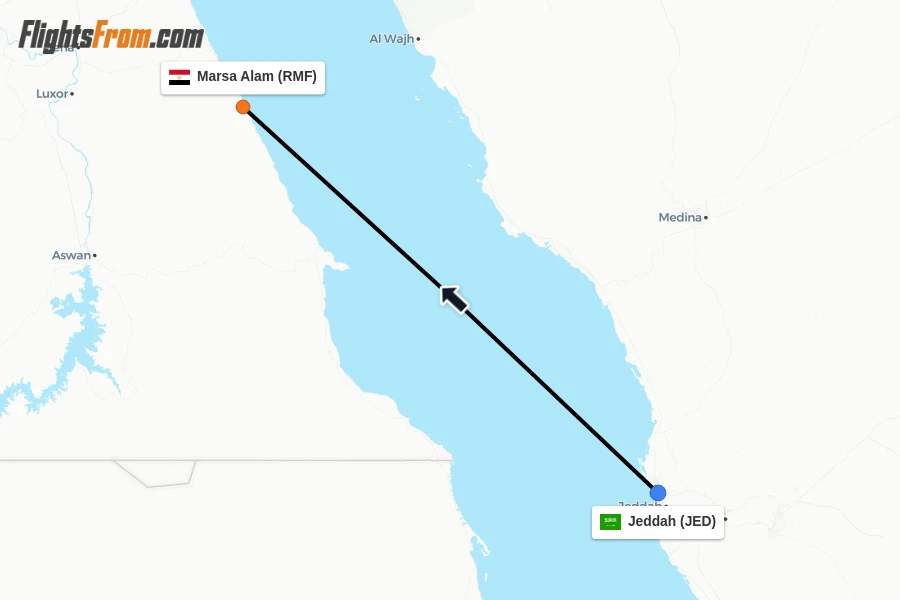 Flights from Jeddah to Marsa Alam route map