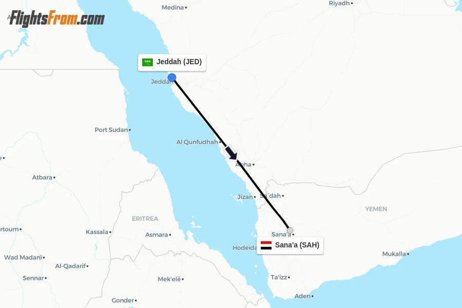 Flights from Jeddah to Sana'a route map