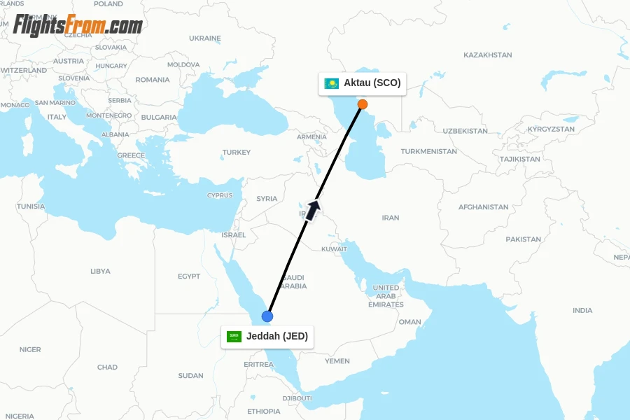 Flights from Jeddah to Aktau route map