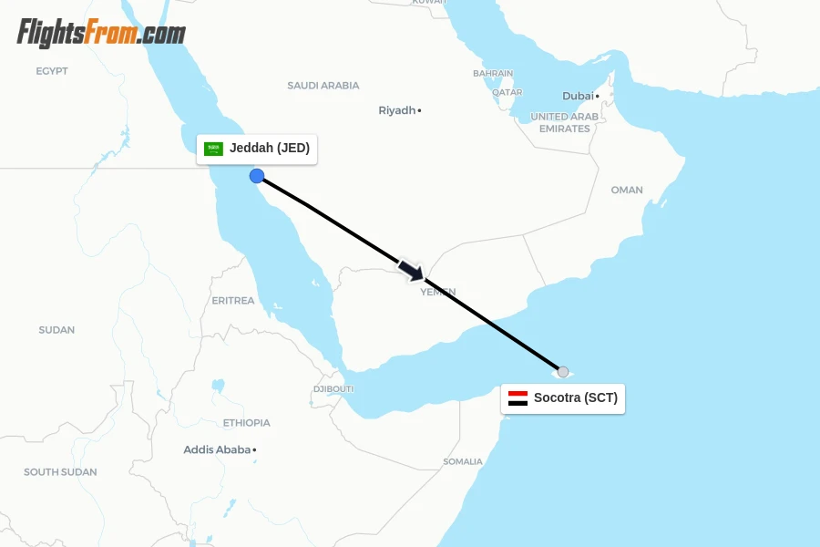 Flights from Jeddah to Socotra route map
