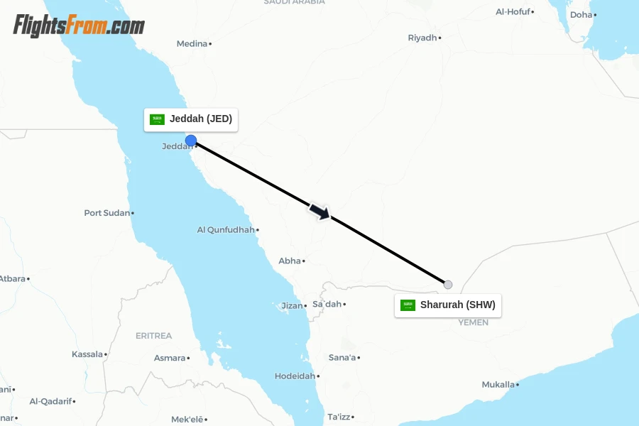 Flights from Jeddah to Sharurah route map