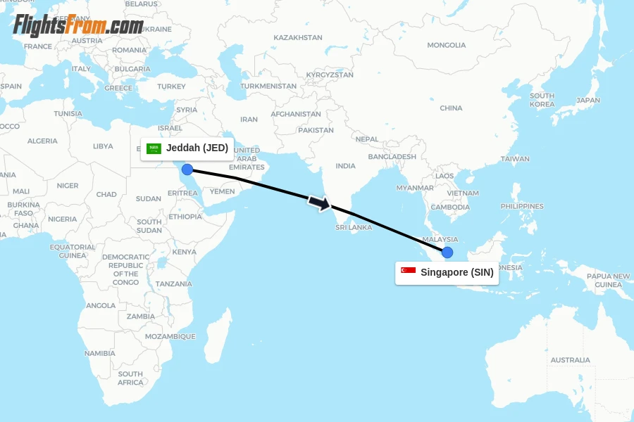 Flights from Jeddah to Singapore route map